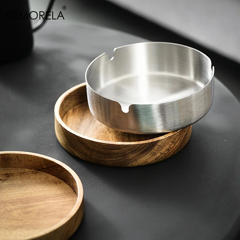 Acacia Wood Desktop Ashtray With Lid Stainless Steel Windproof Ash Tray For Bar Office Home Decoration Smoking Accessories stainless steel ashtray,metal ashtray,wood ashtray
