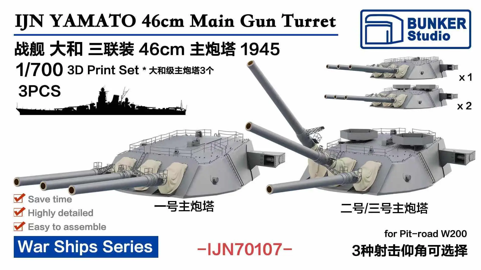 BUNKER IJN70107 IJN YAMATO 46cm Main Gun Turret 3D Print Set