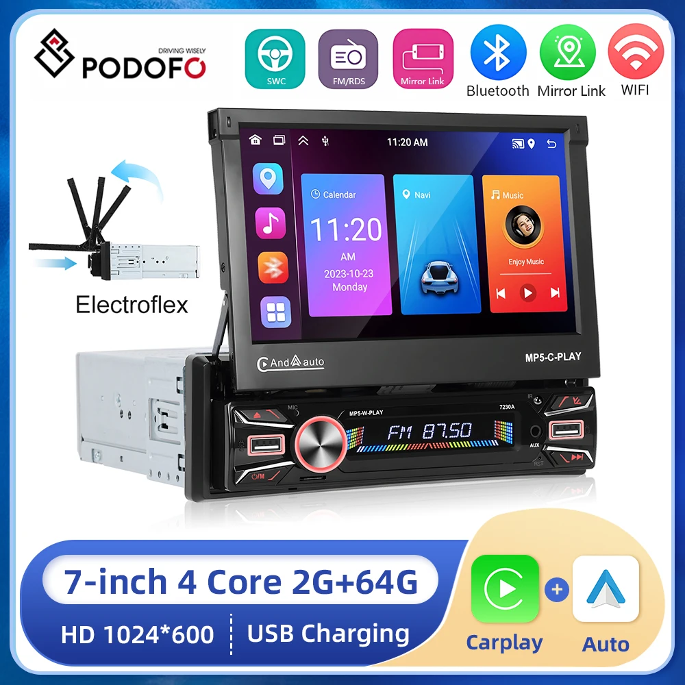 

Podofo Car Stereo Radio 7''HD Retractable Screen Android 2+64G Carplay Android auto WIFI GPS Car Multimedia Player For Universal