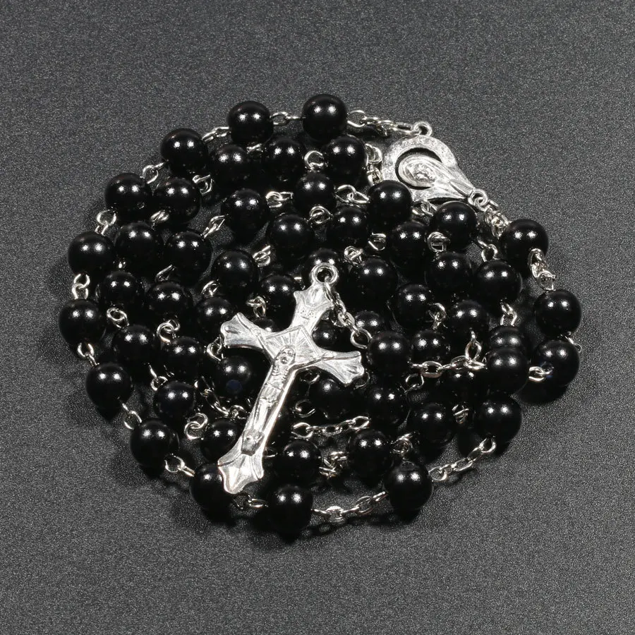 Set Rosario Cattolico Per Donna: Bracciale Con Croce E Collana Vergine Maria In Perle E Acciaio