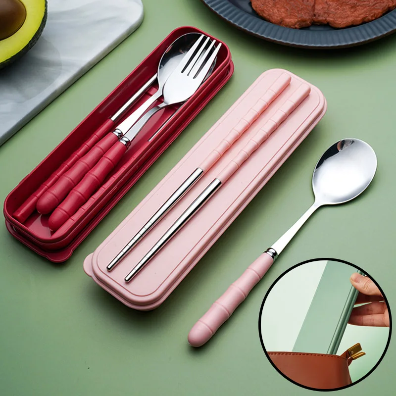 3pcs Portable Dinnerware Kit Spoon Fork Chopstick Set Travel Flatware With Box Set Stainless Steel Travelling Dinnerware