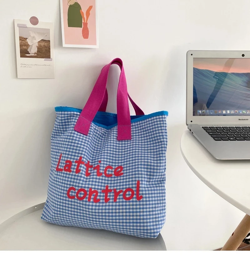 

Portable Lunch Bag Canvas Plaid Picnic Food Bag Large Capacity Women Small Tote Korean Style Shopping Handbag Children Lunch Bag