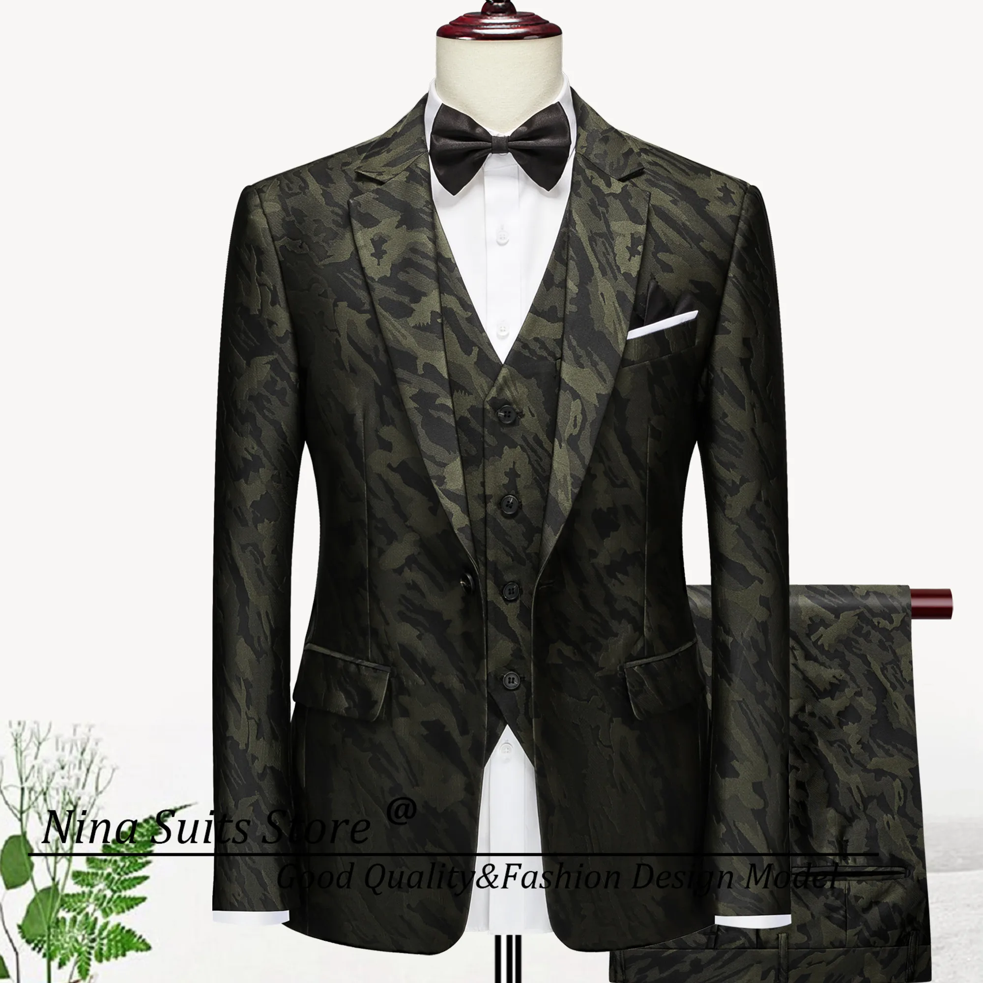 Nina Store Notch Lapel Men Suits Army Green Camouflage Patterns Male Party Tuxedo Casual Prom Wear Costume Homme 3 Pieces