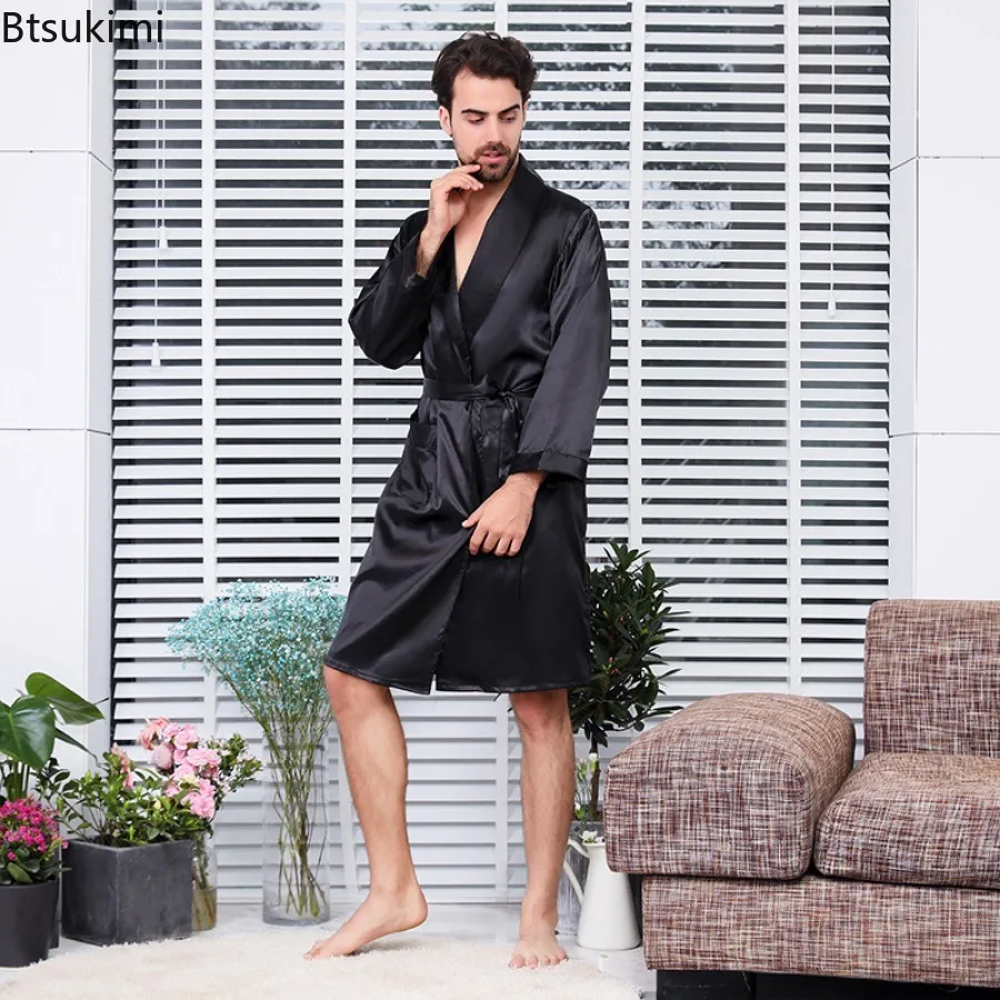 2024 New Men's Thin Pajamas Robes Bathrobe Black Lounge Silk Satin Nightwear for Men Comfort Noble Dressing Gown Male Homewear
