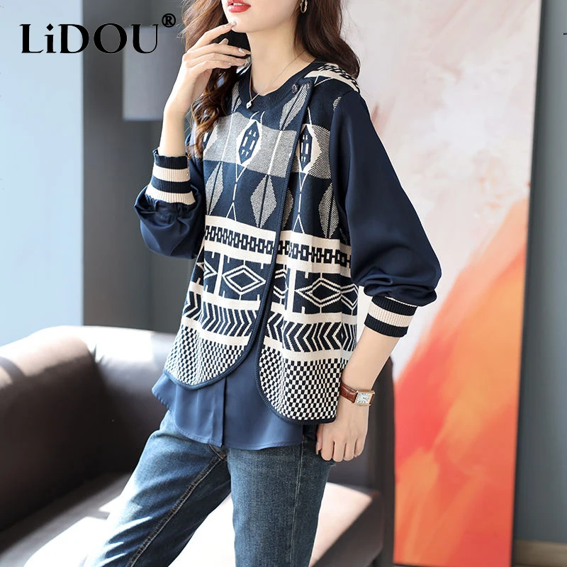 Spring Autumn Fake Two Pieces Knitting Patchwork Shirt Ladies Long Sleeve Loose Casual Fashion Pullover Top Women Jumper Blouse shirt collar fake two sweaters brand clothing new men s autumn winter stripes slim fit casual korean fashion knitting pullover