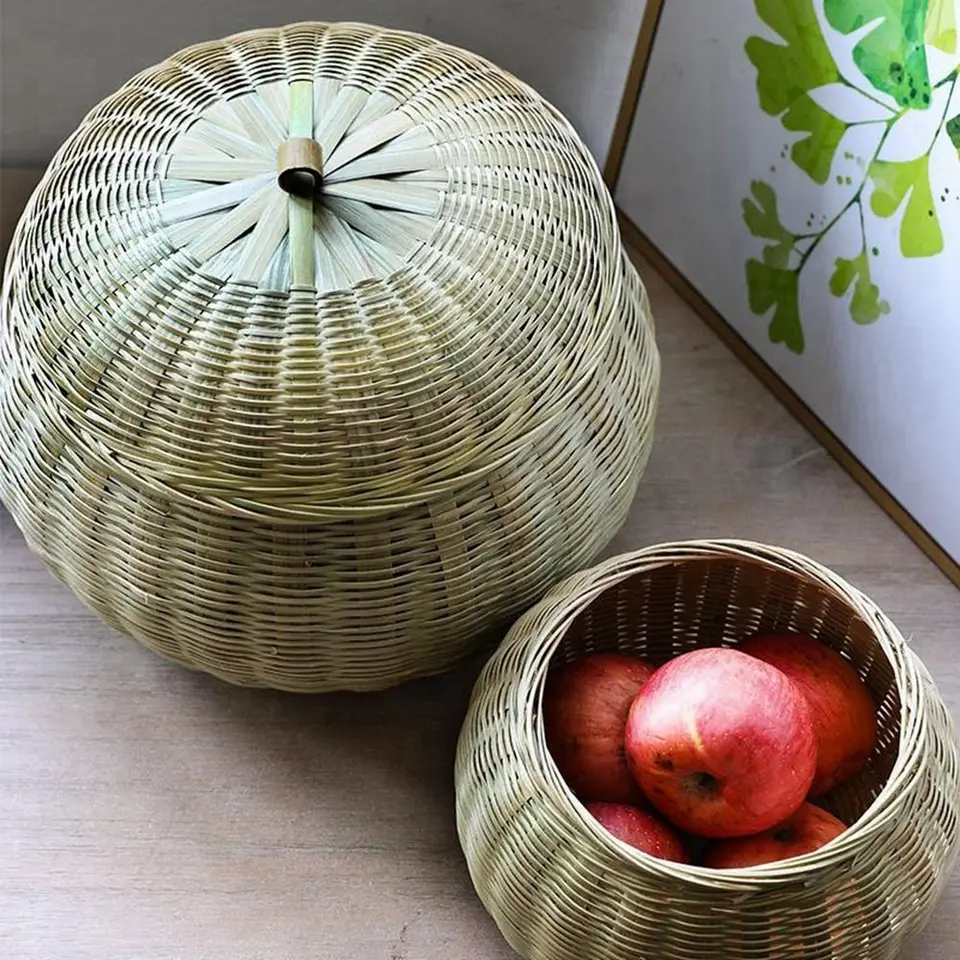 Cestino Rotondo In Rattan Con Coperchio – Intrecciato A Mano, Con Manico, Per Frutta E Pane - 2