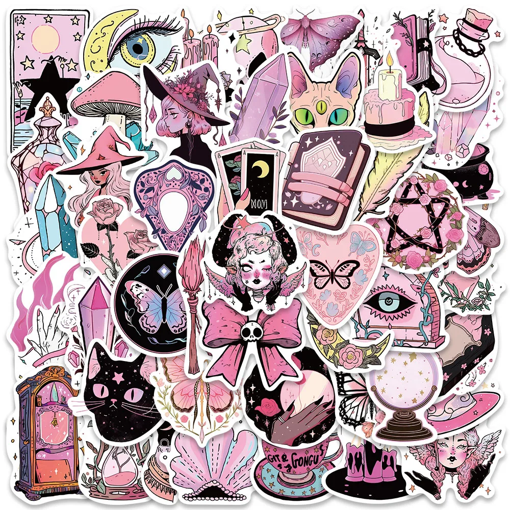 50pcs Retro Pink Cartoon Boho Magic Witch Graffiti Stickers For Laptop Phone Guitar Luggage Bike Car Waterproof Vinyl Decals 10 30 60pcs cartoon boho style crystal stickers aesthetic graffiti luggage laptop motorcycle waterproof colorful magic sticker