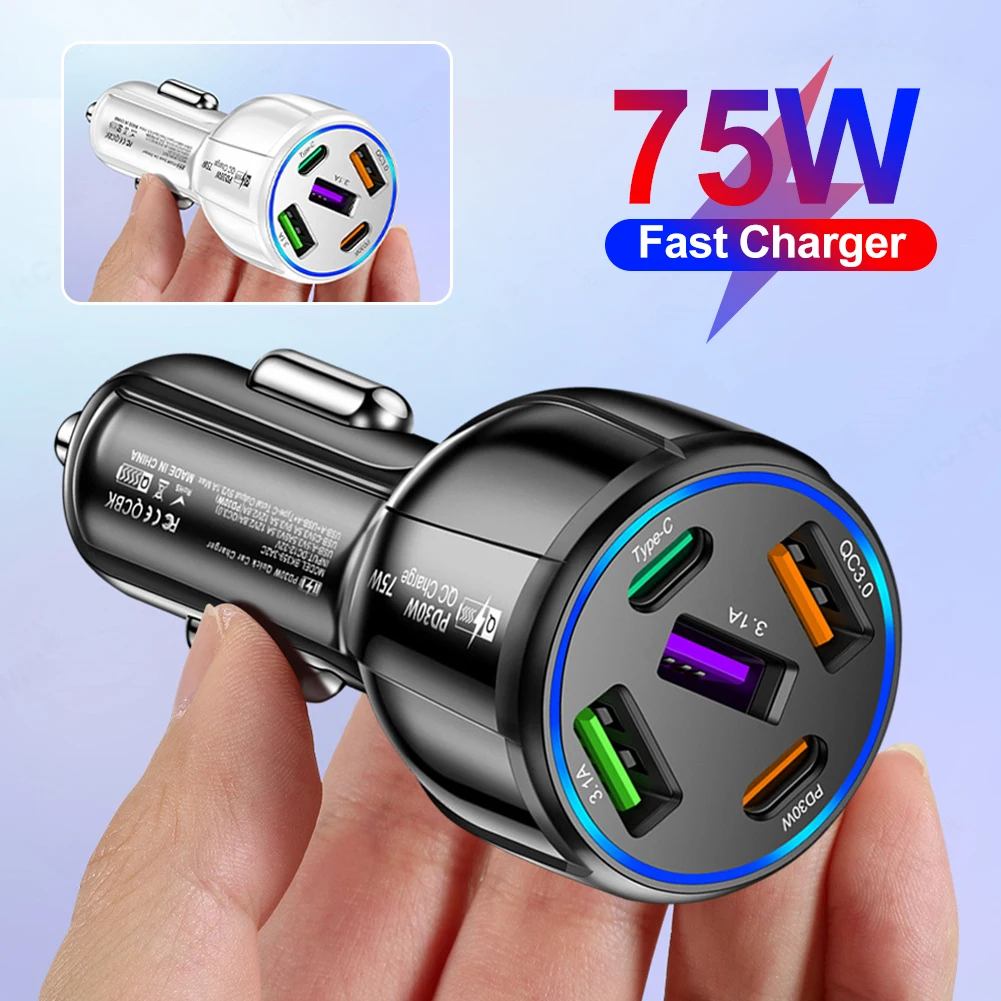 

75W Car Charger 5 Ports Fast Charging for PD QC3.0 Car USB Charger Type-C Charger Adapter For iPhone Xiaomi Huawei Samsung