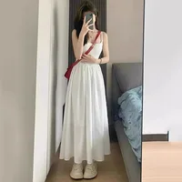 Mode taille haute robe à bretelles femme été décontracté Simple polyvalent longues robes femmes élégant Streetwear robe Camisole 3