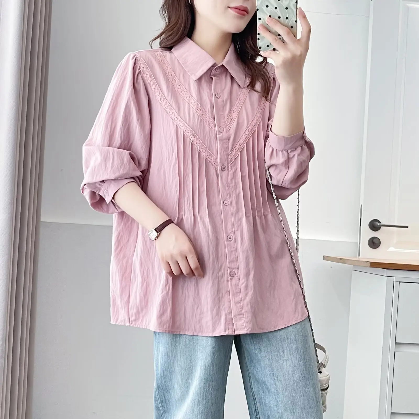 XXXXL Fashion Plus Size Women's Blouses Autumn New Style Simple Lace Puff Long Sleeved Shirt 8093