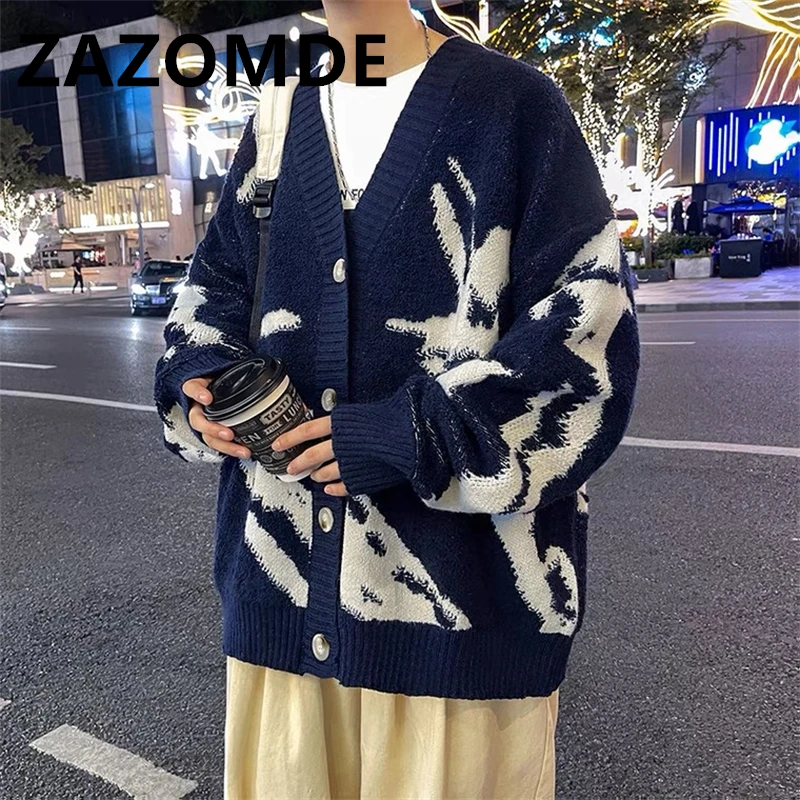 ZAZOMDE 하라주쿠 오버사이즈 스웨터, 일본 스타일 스트리트웨어, 한국 패션 가디건 점퍼, 남성용 니트 스웨터, 가디건 코트