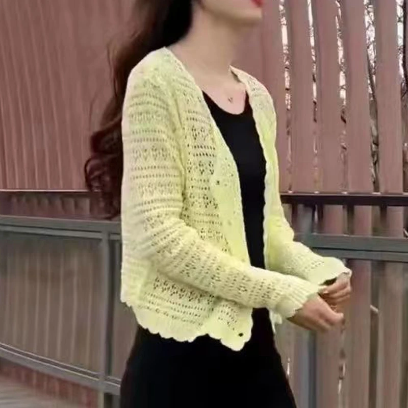 여성용 자외선 차단 의류, 심플한 캐쥬얼, 할로우 아웃, 얇은 니트 재킷, V넥, 긴팔, 단색, 슬림 탑, 2024 여름