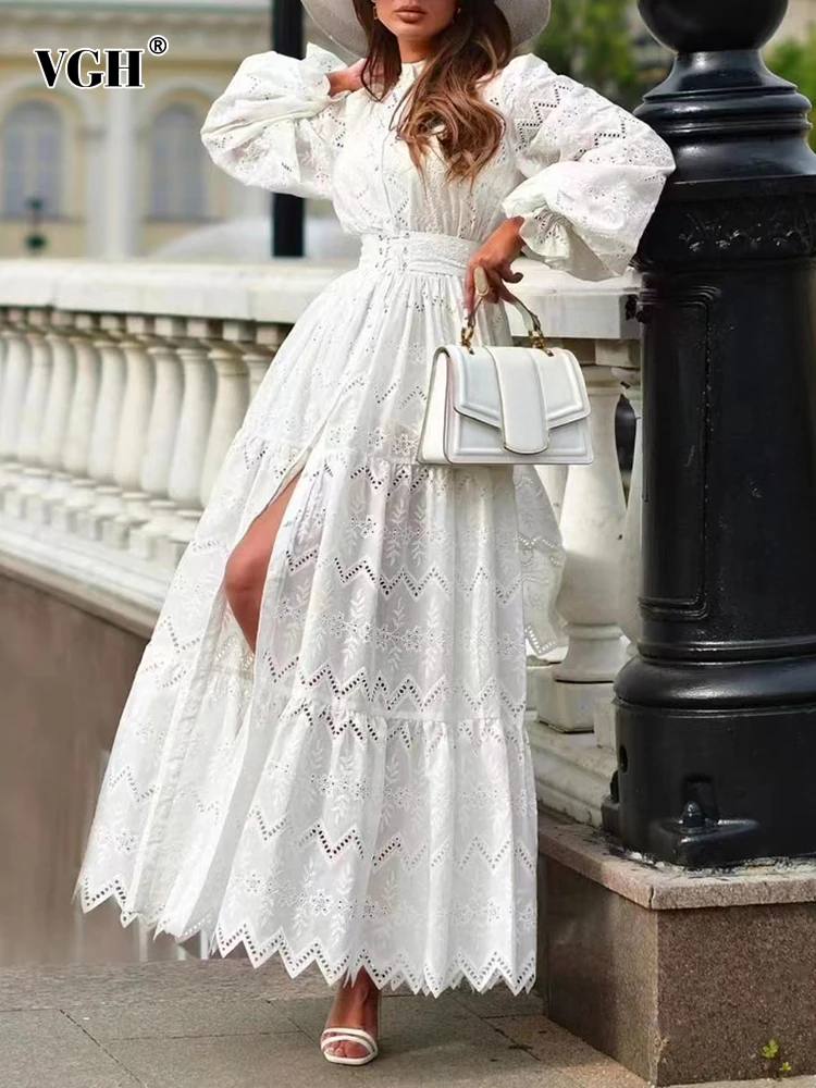 

Женское винтажное платье-миди с рукавами-фонариками и воротником-стойкой