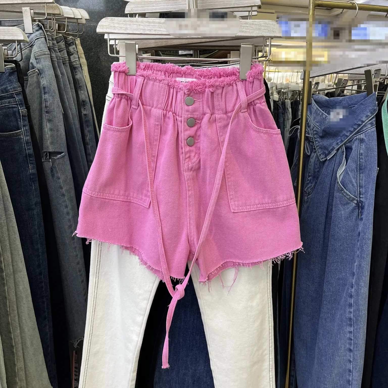 Korean Style Casual Elastic Waist Lace-up Green Short Jeans for Women 2024 Summer New Loose High Waist Wide Leg Hot Pants Female