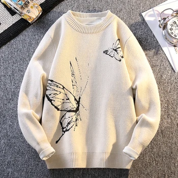Autumn/Winter Fashion Butterfly Printed O-neck Sweater Solid Color Warm Knitted Sweater Men's Pullover Home Clothes