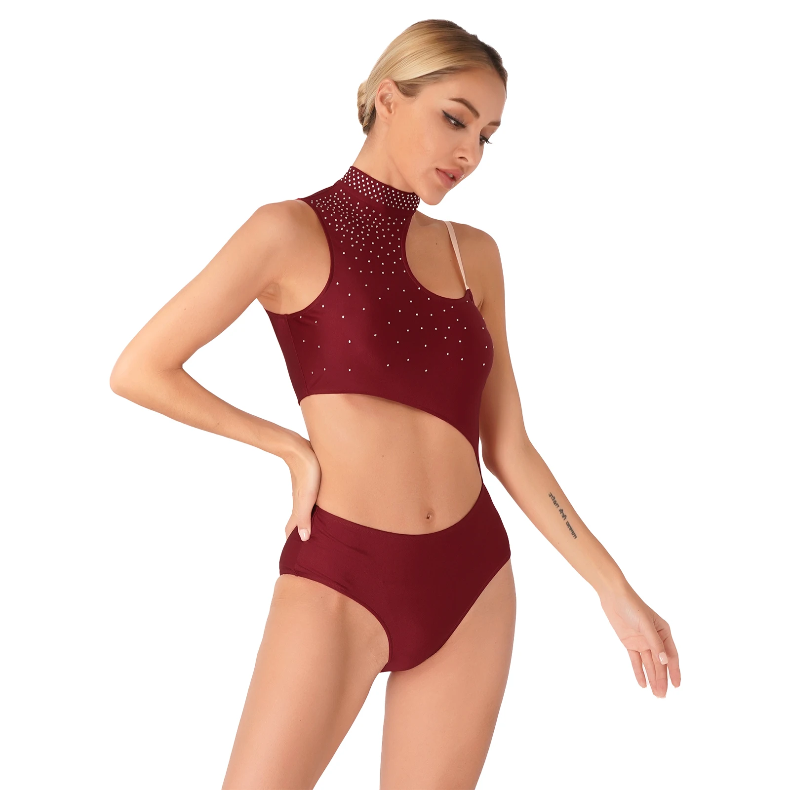 

Womens Asymmetrical Sleeveless Leotard Dancewear Rhinestone Figure Skating DanceCutout Gymnastics Acrobatics Bodysuit