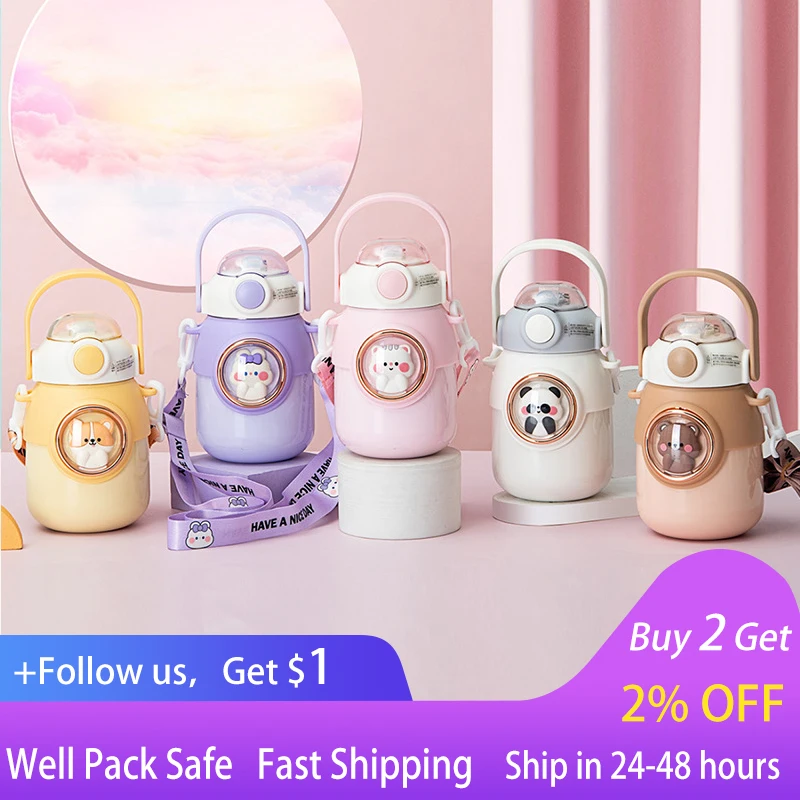 

700ml Kawaii Water Bottle For Girls Stainless Steel Thermos Bottle With Straw Cute Cartoon Kids Thermal Cup Tumbler Vacuum Flask