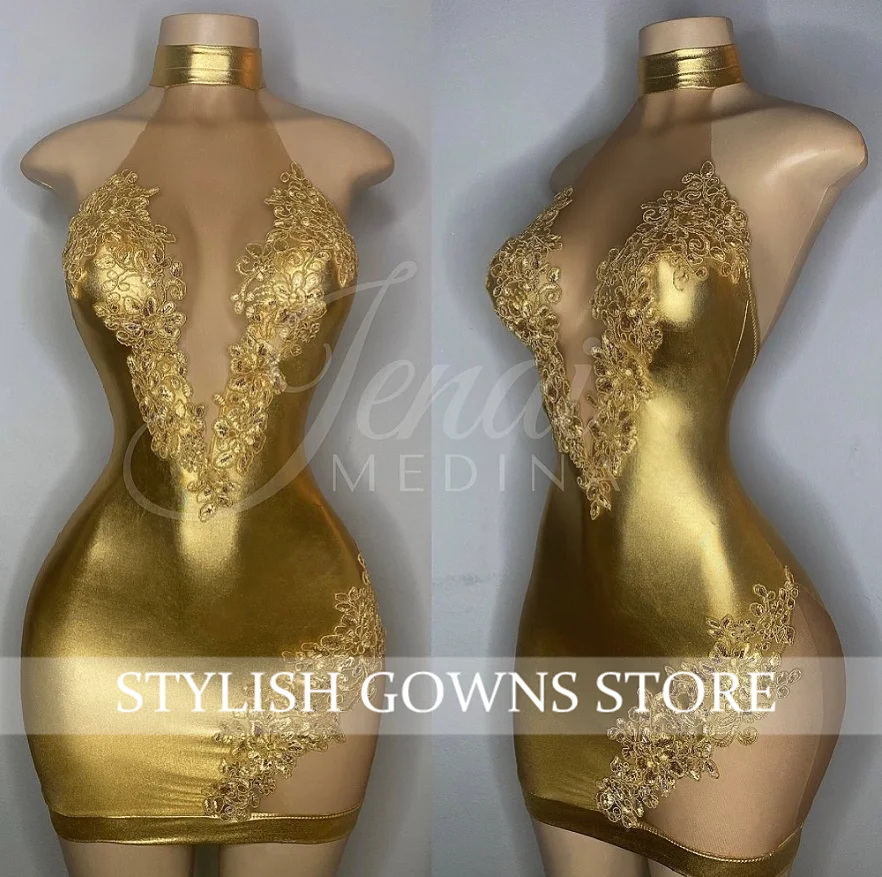 Sexy Gold High Neck Short Prom Dress For Black Girls Appliques Birthday Party Dresses Mini Mermaid Homecoming Abiti Da Cocktail