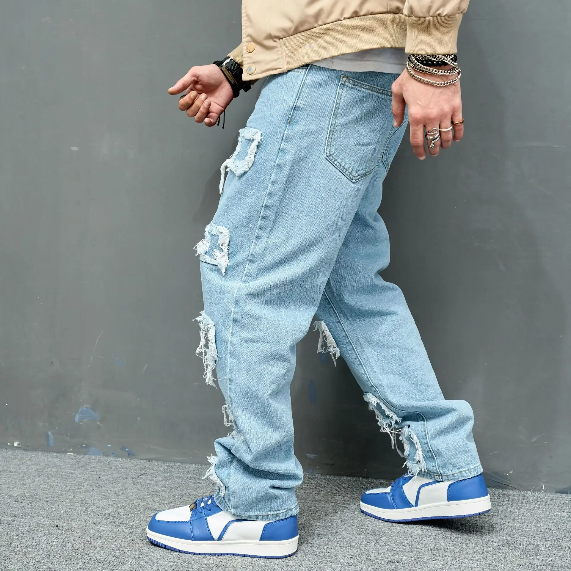 European and American Fashion Youth Bionic Jeans Solid Color Slim-Fit Ripped Stretch Jeans