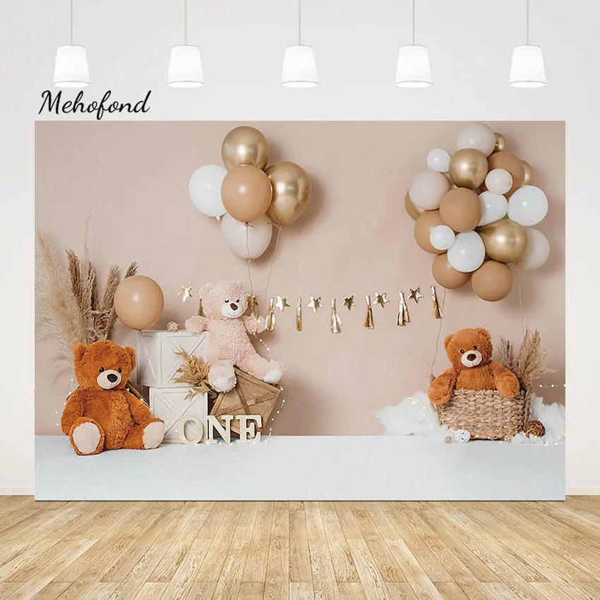 

Mehofond Photography Backdrop Baby Shower Kid 1st Bithday Party Bear Balloon Pampas Cake Smash Decor Background Studio Photozone