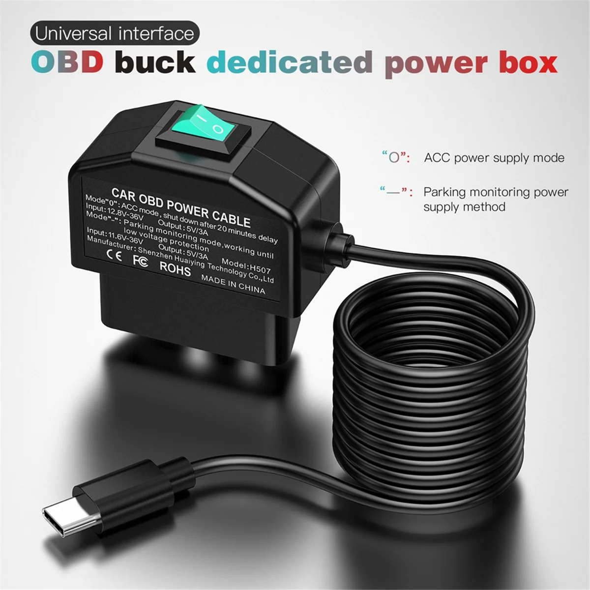 Dash Cam Hardwire Kit Dash Cam OBD Hardwire Kit USB Type C Hardwire Kit OBD Power Cable for Dashcam 12-24V to 5V/3A