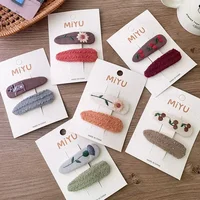 New Baby Girls Hair Clips Children Autumn Embroidery Flower Hairpin Oval Knitted Fabric Covered Korean Kids Lovely Wool Headwear 2