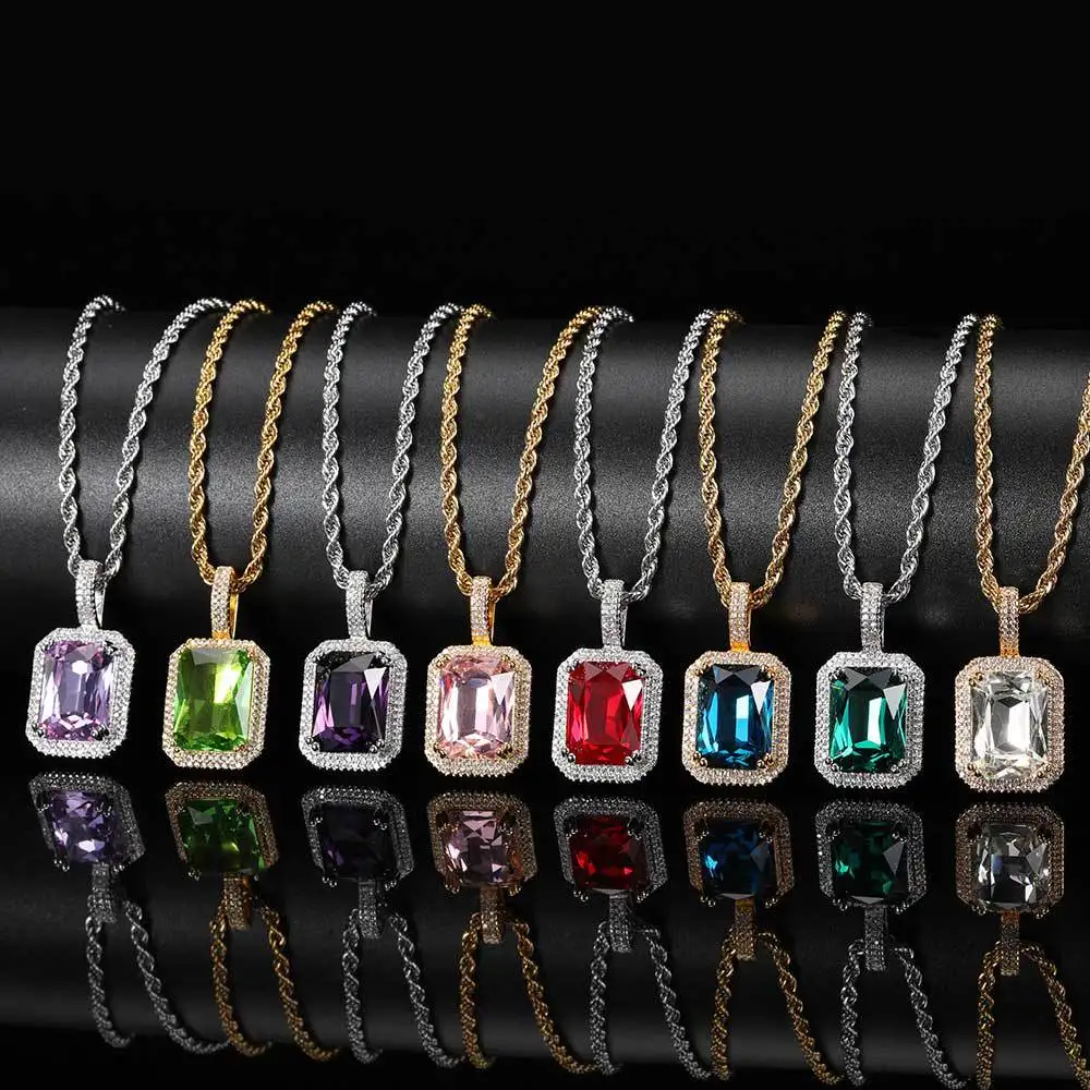 Gold farbig vereist Anhänger Halsketten für Frauen Hip Hop Quadrat Zirkon Mann Halskette Edelstahl Kette Hippie Schmuck os140 – Detail 3