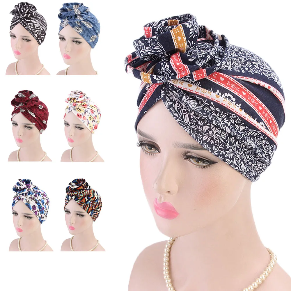 

2023 Big Flower Muslim Women Hijab India Bohemia Print Bonnet Chemo Cap Turbante Femme Cancer Hair Loss Hat Headwrap Scarf Cover