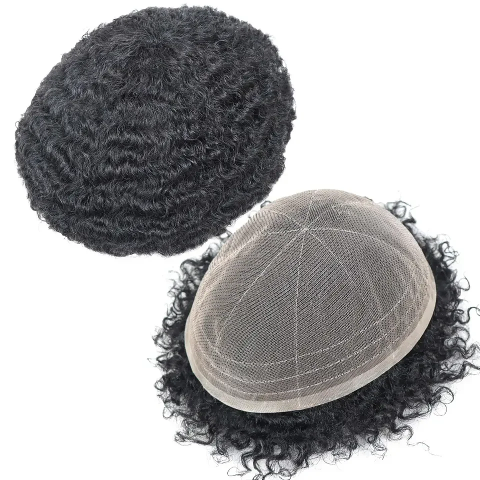 

Hair Toupee French Full Lace Human Hair Pieces System Natural Hairline Male 8mm Afro Kinky Curly Men Replacement 8x10