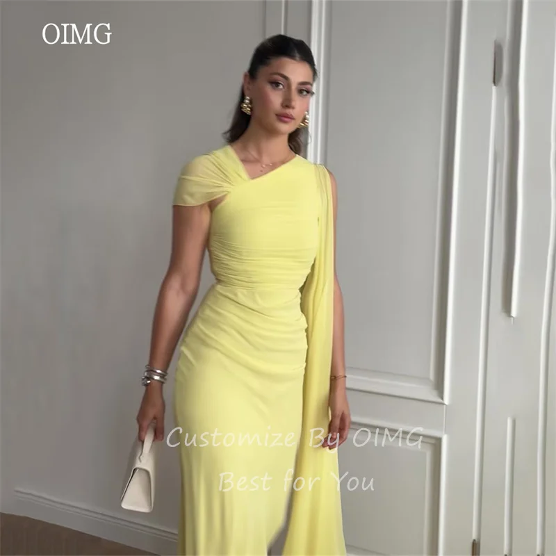 OIMG Elegant Yellow A-line Prom Gowns Cape Sleeve Formal Party Gown Chiffon Evening Dress vestidos de fiesta Customized 2