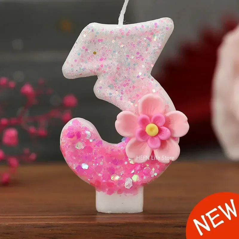 Digital Candles with Pink Flowers, Birthday Candles, Party Atmosphere, Scene Decorations, Home Decoration, 0-9, 1Pc