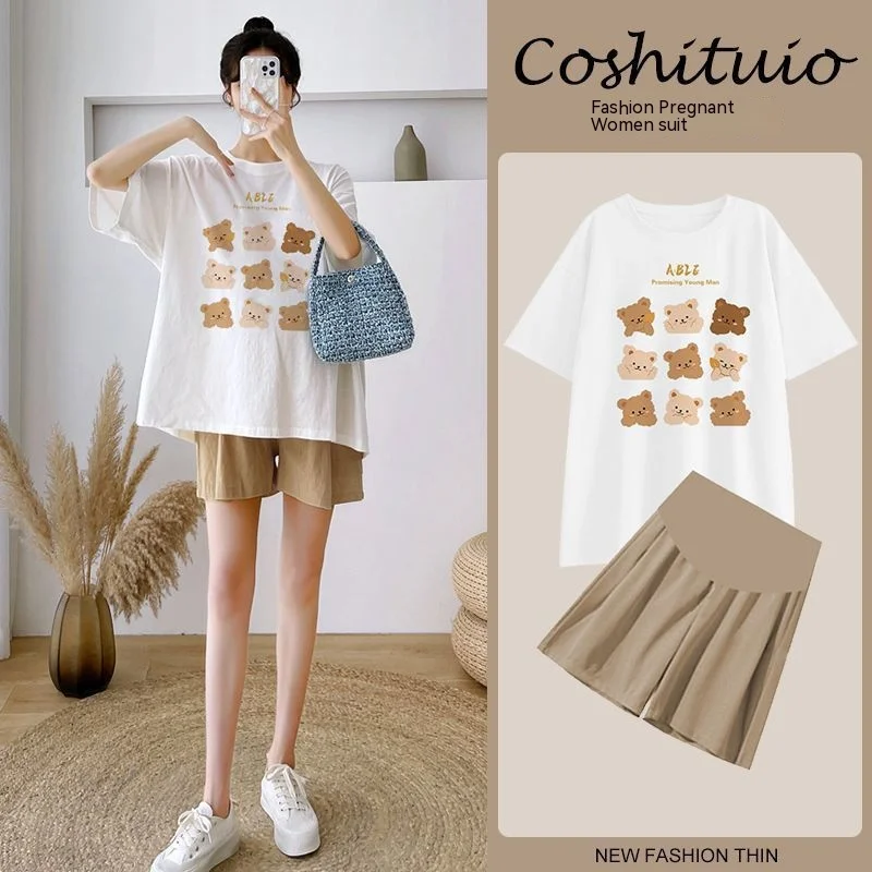 Maternity Two-Piece Summer Korean Version of the Cartoon Bear Fashion Models Cover Belly Tops Pregnancy Outer Wear Maternity Suit