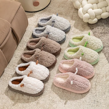 Women's Winter Warm Cute Cartoon Slippers Closed Toe Non Slip Furry House Shoes Men Indoor Bedroom Thick Sole Plush Slippers 1