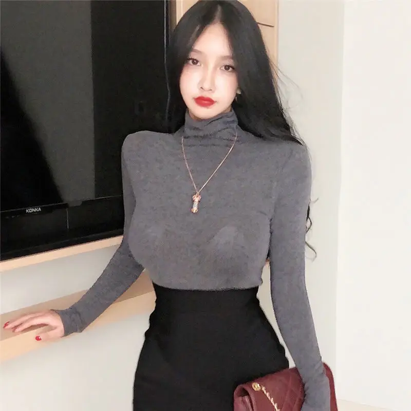 

2022 Spring Autumn Turtleneck Woman Long Sleeve T-Shirts Stitch White Tops Korean Fashion Blouses Corset Sexy Top Mujer Basic