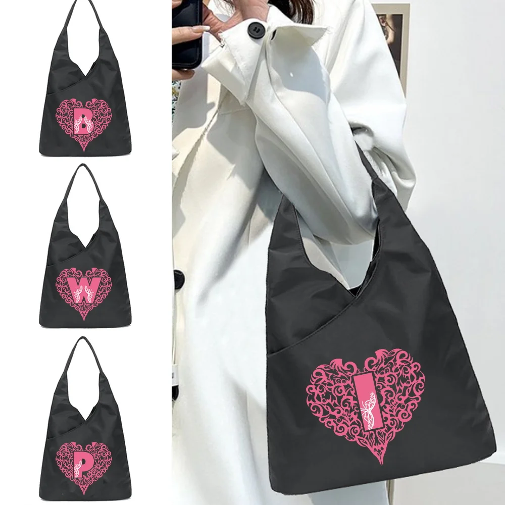 2024 New Fashion Women Eco-friendly Reusable Storage Bag Underarm Bags Handbag Love Letter Printing Pattern Shoulder Bag
