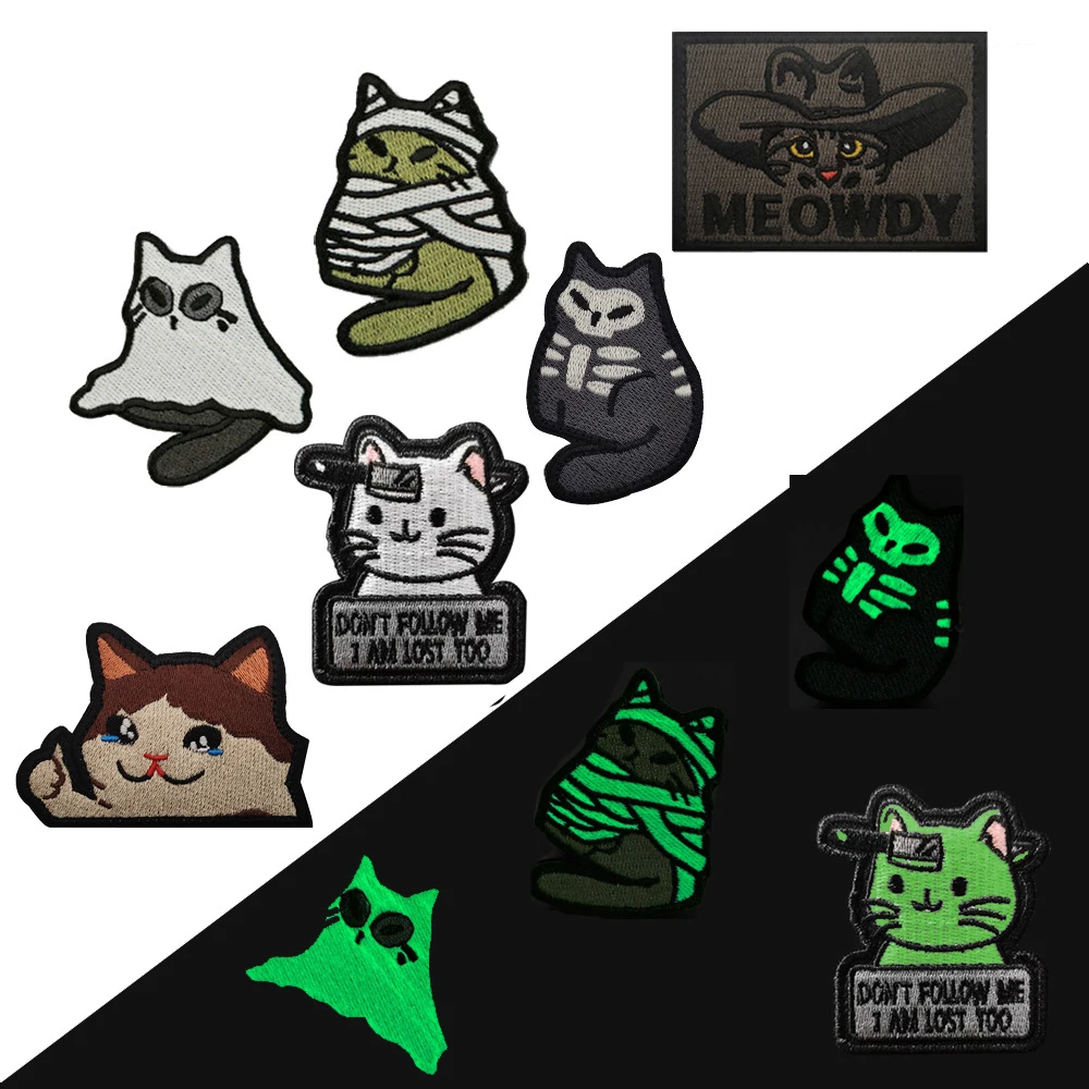 Cartoon Cat Patch Animal Series Badge Sticker Meowdy Night Glow Ghost Cat Arm Hook And Loop Badge Pack Sticker Accessorio Fai Da Te