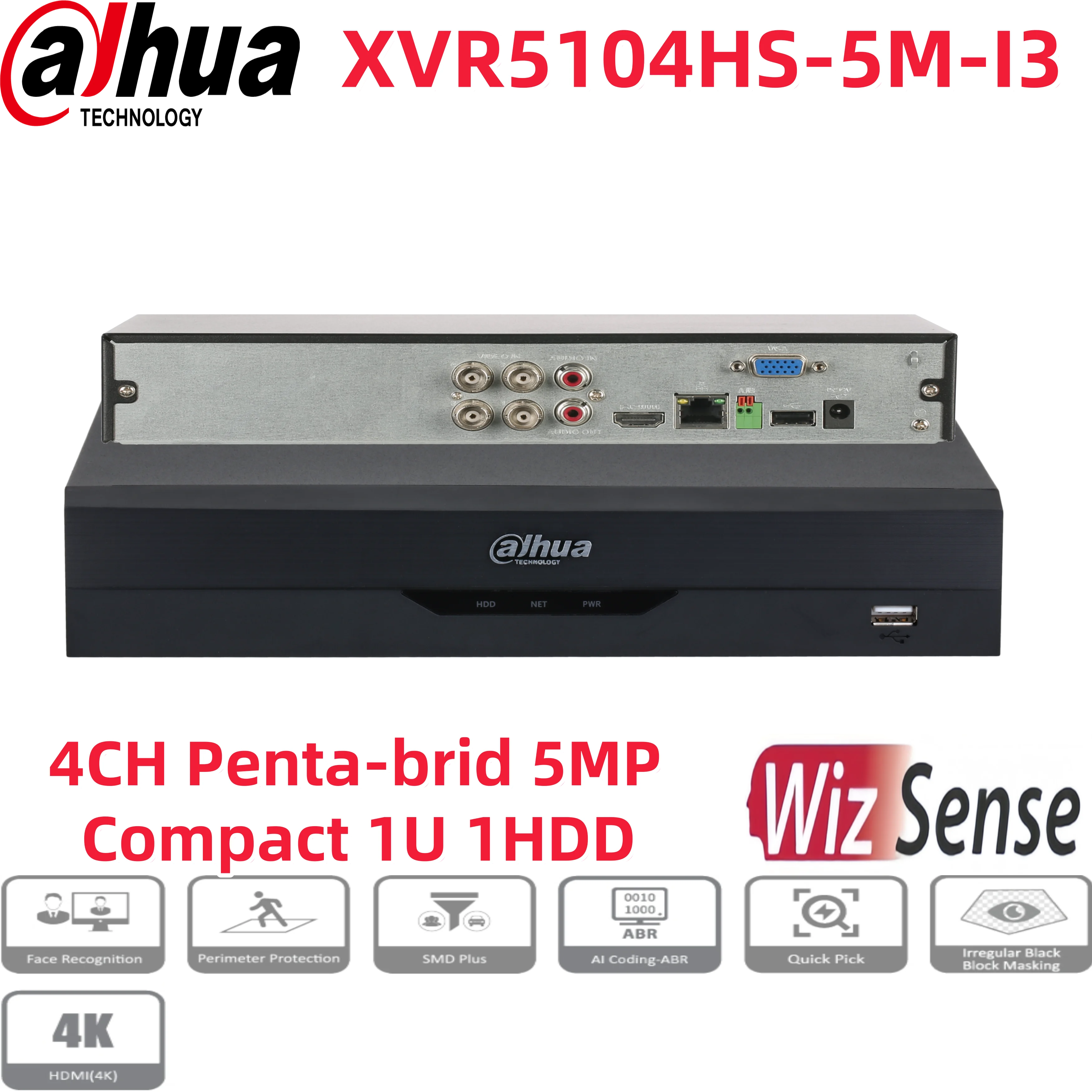 Original dahua XVR5104HS-5M-I3 4CH Penta-brid 5MP Compact 1U 1HDD WizSense Digital Video Recorder IoT and POS capabilities