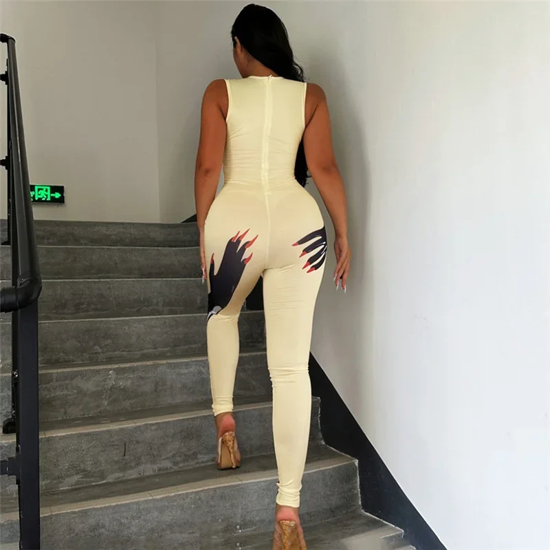 Casual Printing One Piece Jumpsuits For Women 2023 Sexy Slim Fit Sleeveless Club Party Summer Holiday