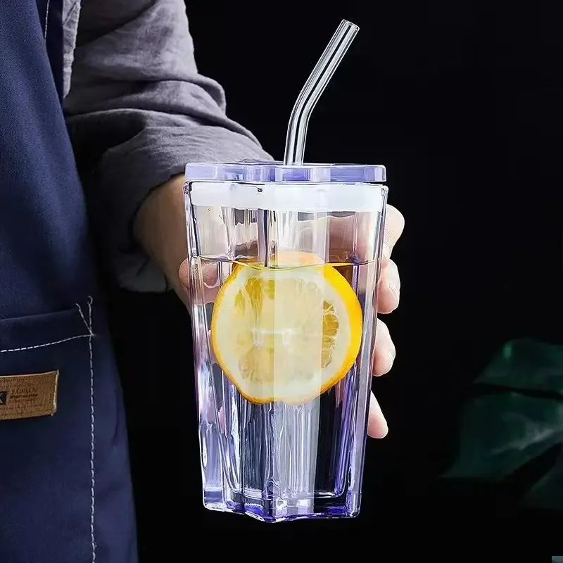 Straw Tumbler Glass 300ml Star Drinking Cups with Straw Pentagonal Coffee Milk Juice Glass Plastic Lid Leakproof