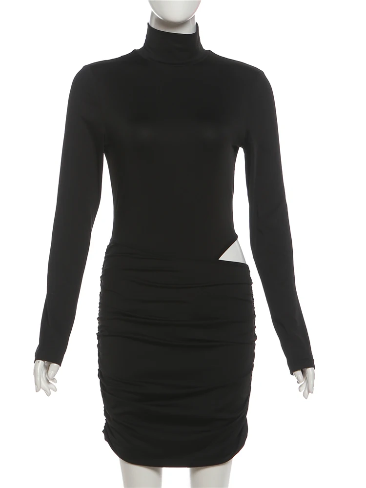Nibber Turtleneck Waistless Dress Women Full Sleeve Folds Solid Skinny High Elasticity Sexy Midnight Hottie Simple Mini Bodycon
