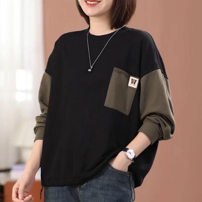 Women's Korean Casual Round Neck Hoodies Color-blocked Long Sleeve Autumn Winter 2023 Fashion Patchwork Pocket Pullover Tops