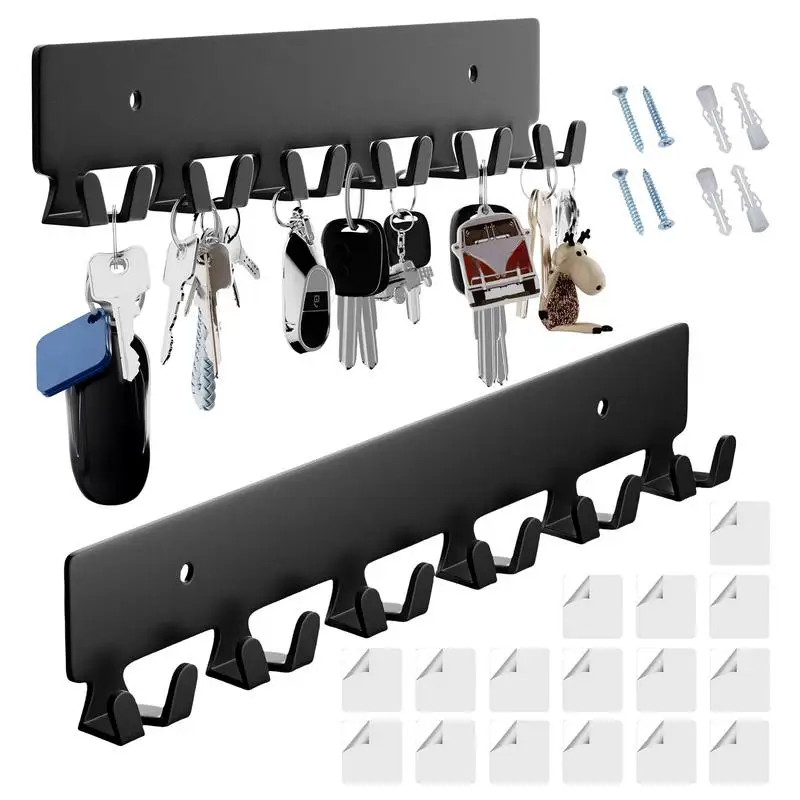 Wall Key Holder Key Organizer Rack With 12 Hooks 2X Adhesive Metal Storage Organizer With Mounting Hardware For Entryway Front