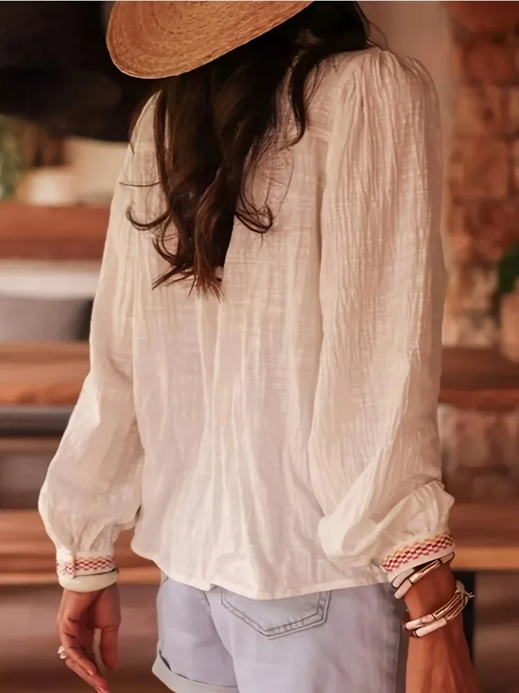 New Fashion Ladies 2025 Retro Embroidered Long Sleeve Shirt Elegant O Neck Lace Cardigan Single-breasted Lantern Sleeve Blouse