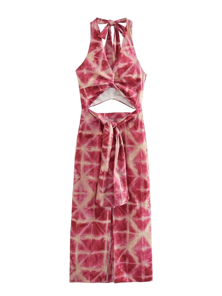 

ZXQJ 2023 Women Fashion With Knotted Hollow Out Printed Midi Dress Sexy Backless With Bow Tied Side Zipper Female Dresses Vesti