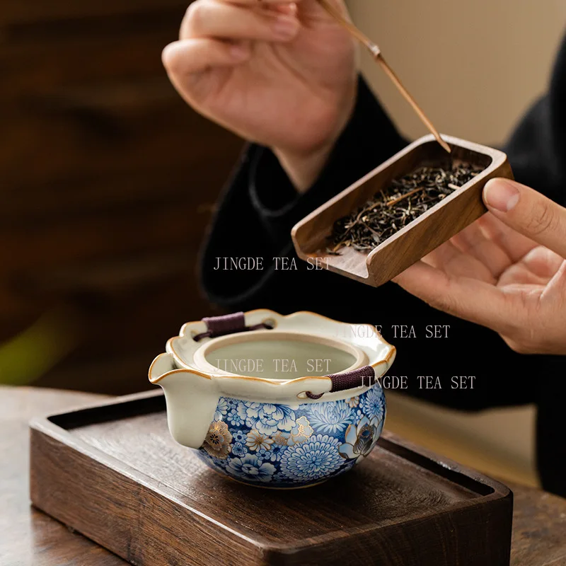 Ceramic Flowers Ru Kiln Handmade Pot Home Tea Tasting Cup High end Kung Fu Tea Set