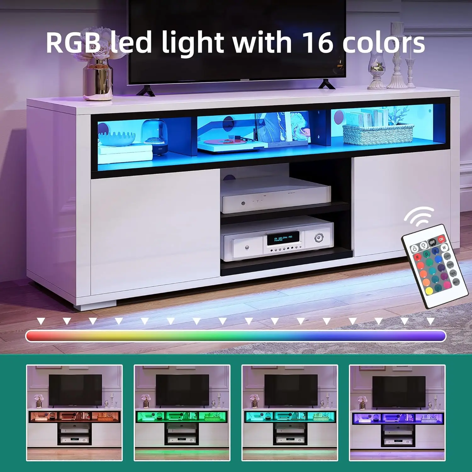 65 inch TV Stand for Living Room Entertainment Center with Storage LED White Modern Stand