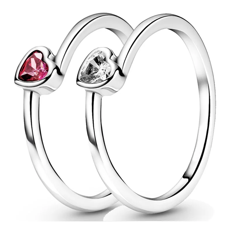 

Red Tilted Heart Solitaire With Crystal Ring 925 Sterling Silver Ring For Women Wedding Gift Europe DIY Jewelry