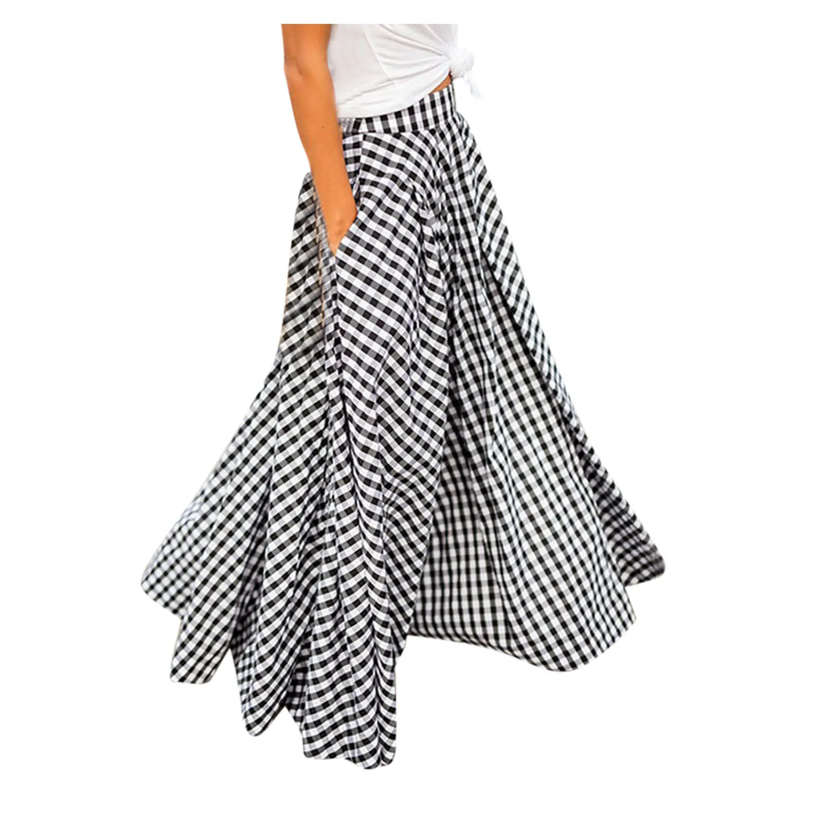 

Fashion Plaid Skirt Women Boho Long Dress Summer Elegant Sexy Elastic Aline Skirt Lady Casual Loose High Waist Skirt With Pocket