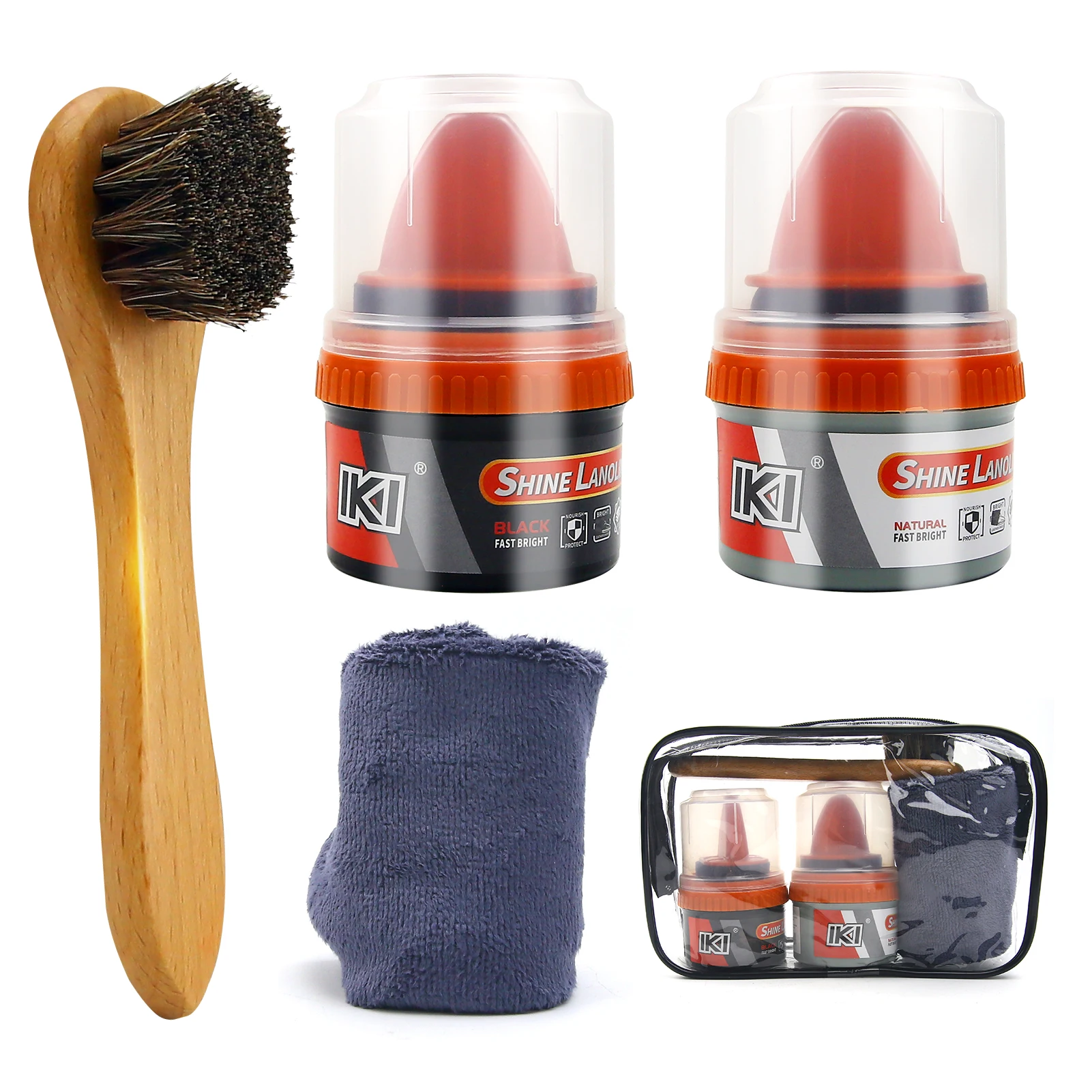 Premium Leather Shoe Polishing Lanolin Set: Black & Colorless Oils, Horsehair Brush、Beech Horsehair Brush, High-Fiber Gray Towel