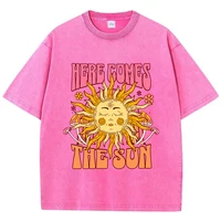 Oversize Women's Washed T-Shirt Cotton Here Comes The Sun Prints T Shirts Casual O-Neck Short Sleeve Tops Loose Women's Clothes - Image 2